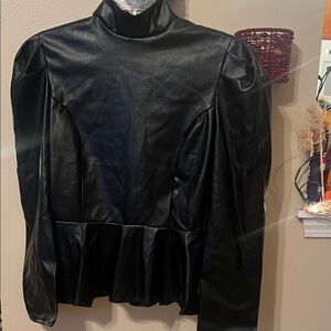 Black Color Faux Zipper Back Long puffy Sleeved Collared black women's Top